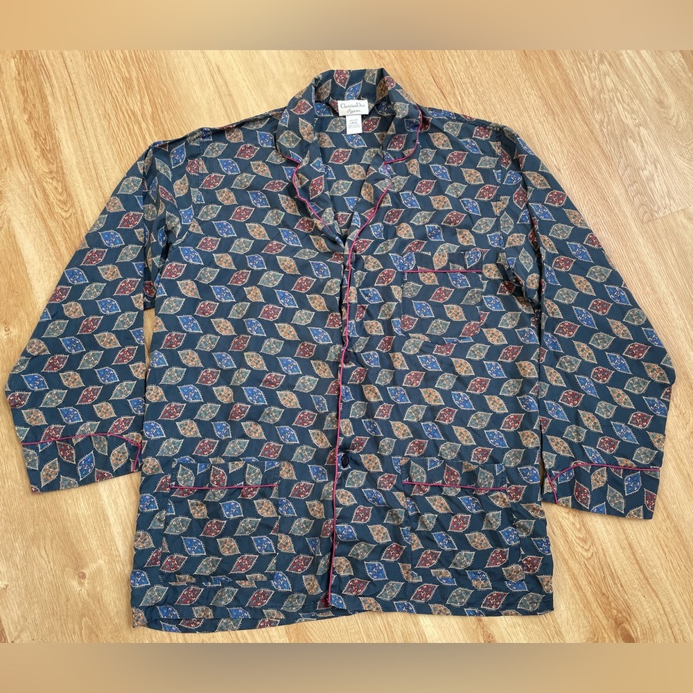 Christian Dior silk 100% pajama top night shirt navy blue  designer large unisex